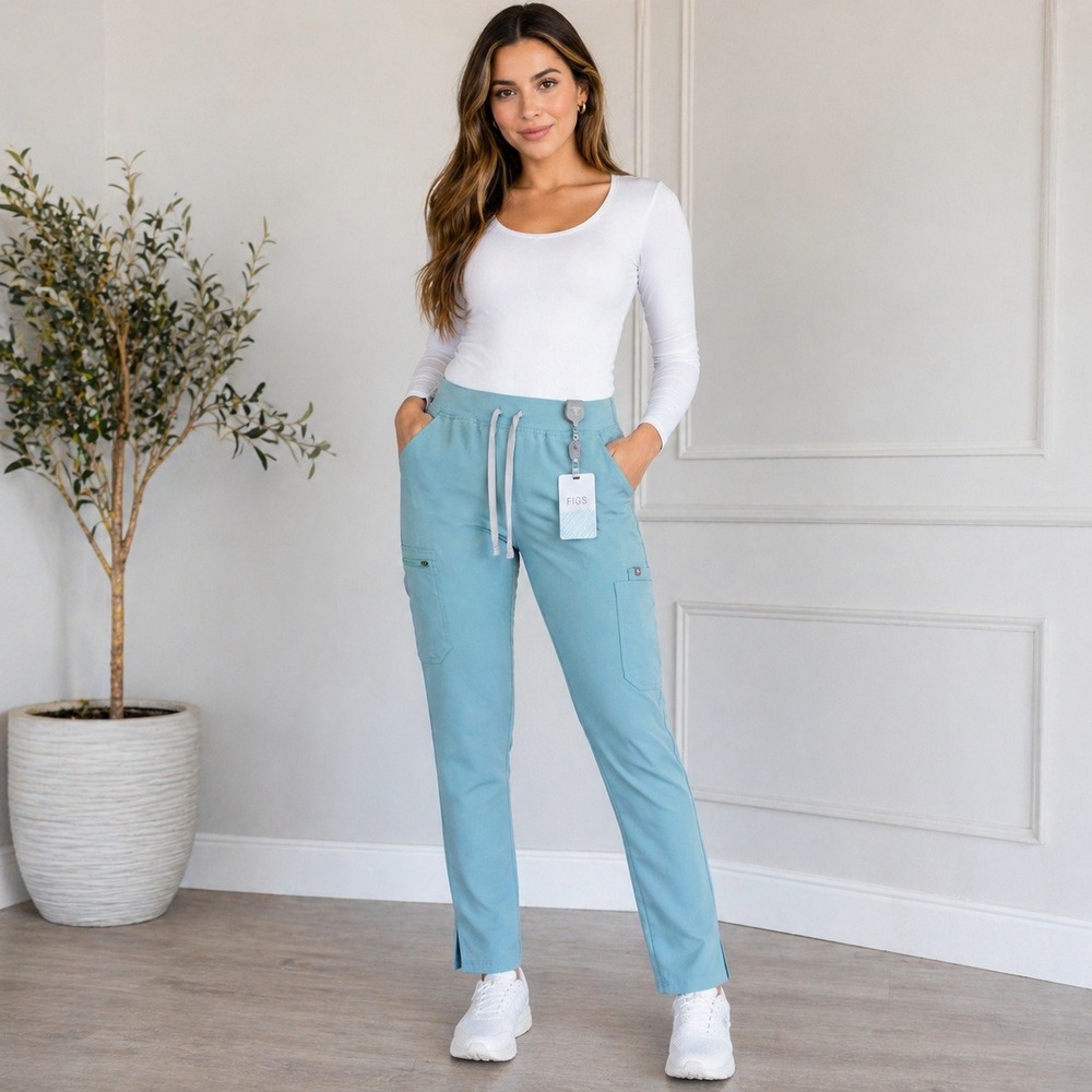 FIGS HW Yola Skinny Cargo Scrub Pants Light Blue Teal Large W22SW2013 Womens